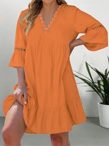 Plus size zomer dames losse casual holle v nek vijf mouw jurk vaste kleur geplooide comfortjurken 240522