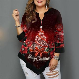 Camiseta de talla grande para mujer, blusas de moda, otoño e invierno, camisetas con estampado de árbol de Navidad, camisetas irregulares para mujer, ropa para mujer 290I 2021