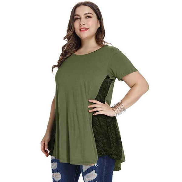 T-Shirt grande taille chemisier ample chemise femme 2021 été femme col rond manches courtes dentelle Patchwork élégant grandes dames Tops358b