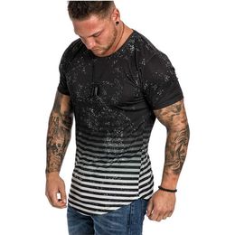 Grande taille T-shirt T-shirts hommes col rond maison motif rayé décontracté lâche dégradé revers à manches courtes T-shirt drôle T-shirts Tops267U