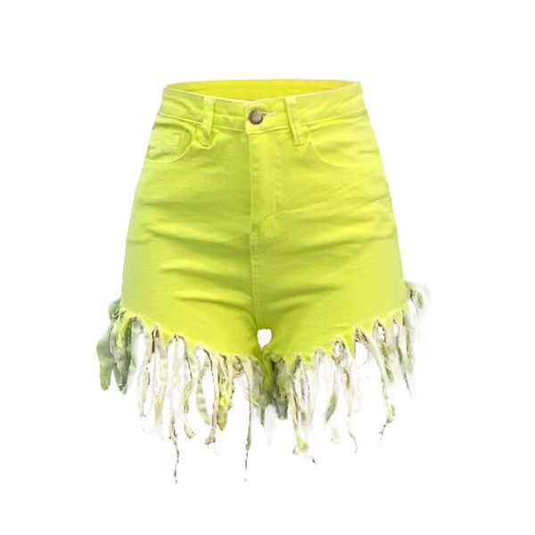 Pantalones cortos de talla grande vaquero con fleco informales para mujer, pantalones vaqueros cortos elásticos de cintura alta, ropa de calle de verano, pantalones cortos de motociclista de Amarillo Neón