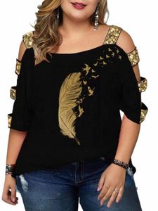 Plus la taille Tops Femme 2023 Été Femme Paillettes Trou Manches Papillon Imprimer Chic Élégant T-shirt Lâche Grande Taille Blouse k3AU #