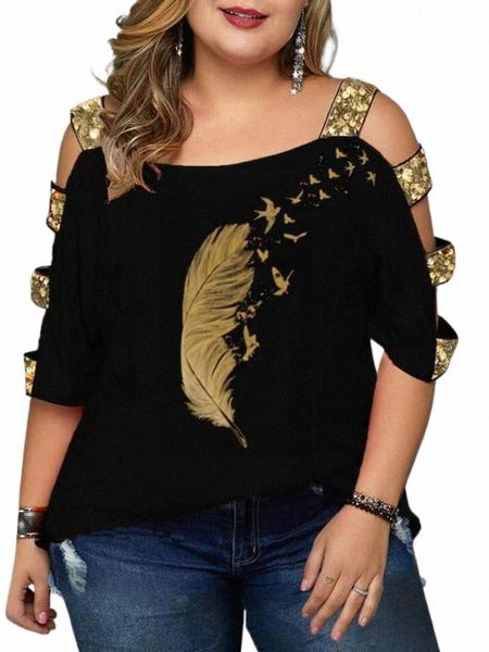 Plus la taille Tops Femme 2023 Été Femme Paillettes Trou Manches Papillon Imprimer Chic Élégant T-shirt Lâche Grande Taille Blouse k3AU #