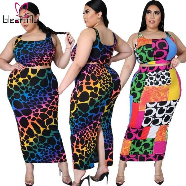 Chándales de talla grande Sexy XL ~ 5XL Conjunto de dos piezas Estampado de leopardo Mujer Falda larga ajustada y Tops cortos Verano 2 conjuntos Trajes de mujer