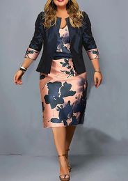 Plus maat tweedelige jurk Drie kwart mouwen jas Elegant casual vrouwelijke outfit chique streetwear losse dames kleding 240430