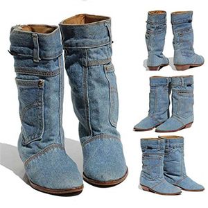Plus Size US 4-12 2019 Mode Vrouwen Cowboylaarzen Nieuwe Stijl Westelijke Casual Halve Sexy Low Heels Solid Blue Slip-on Denim Boots Groothandel