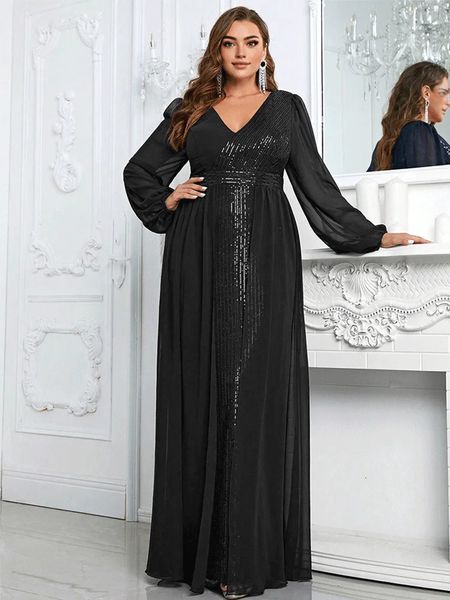 Grande taille col en V multicolore en mousseline de soie paillettes panneau robe grande taille en vrac élégant été longue soirée robe de bal 240308