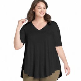 Plus Size V-hals Zomer Casual Hi Low Tuniek Tops Dames Korte mouw Effen Zwart Loose Fit Flare Basic Swing Blouse En Top 7XL u7GI #