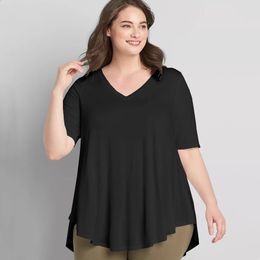 Plus Size V-hals Zomer Casual Hi Low Tuniek Tops Dames Korte mouw Effen Zwart Losse Basic Swing Blouse En Top 7XL 240201