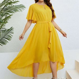 Vestido grande irregular amarillo con cuello en V de verano de talla grande 4Xl 158227