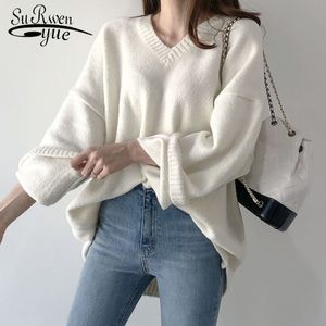 Plus Size V-hals Sweater Lente Herfst Winter Lange Mouw Dames Gebreide Pullover Solid Losse Vrouw Jumper Knitwear 210510