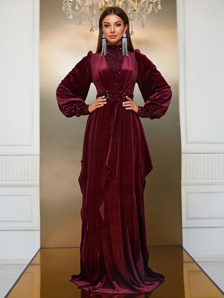 Plus la taille velours paillettes mère de la mariée robes arabe une ligne col haut taille empire mère de marié robe de luxe brillant à manches longues fête d'anniversaire robes de soirée