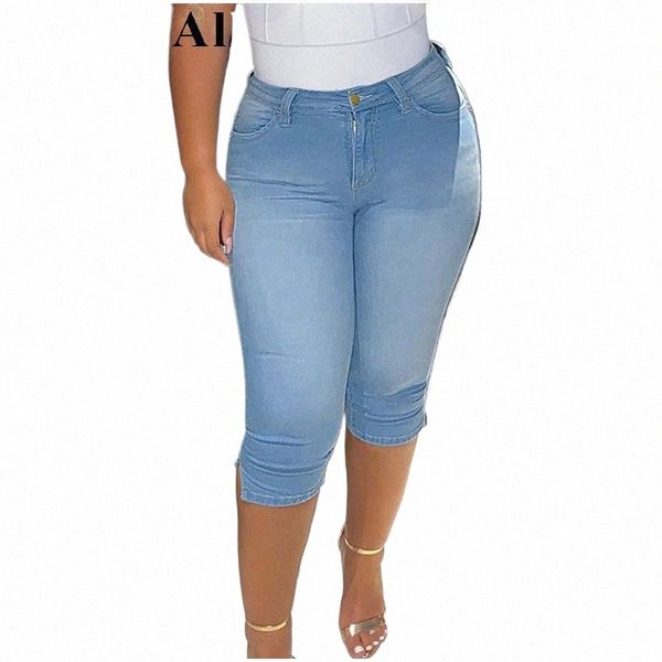 Tallas grandes Vintage Mid Blue Elástico Flaco Longitud de la rodilla Distred Mom Jeans Calzones Denim Jeggings Pantalón 3/4 Leggings Capris 5XL o5Cq #