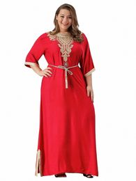 Plus Size Vintage Rhinestes Brodé Musulman Dr Femmes Surdimensionné Manches Courtes Lg Dres Moyen-Orient Robe Arabe Tissu L9or #