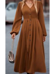 Plus size vneck voor knoop lantaarn mouw jurk high street style elegante dames aline lange vestidos 240412