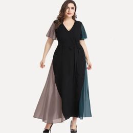 Taille plus Vneck Summer Elegant Mariffon Party Dres Sleeve Matière Maxi Casual Dress Sash Soirée 6xl 240506