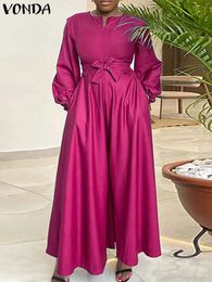 Plus taille Vonda Elegant Long Jumpsuit 2024 Femmes Rompers Automne Long Lantern Sleeve Zipper Solid Casual Lignet Pantalon ceinturé 240328