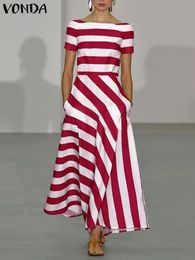 Plus taille vonda sexy off-épaule maxi robe femme décontractée Stripe imprimé longue robe de soleil élégant