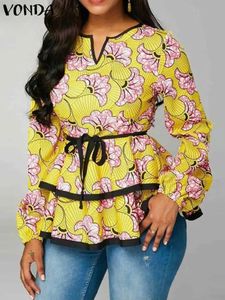 Plus taille Vonda Femmes Shirts Ruffled 2023 Blouse de mode élégante à manches longues Automne Retro Floral Tops Casual Blusas 240419