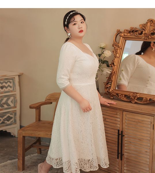 Robe de mariée grande taille robes de mariée en dentelle Scoop demi-manches fermeture éclair dos thé longueur robes de mariée d'été
