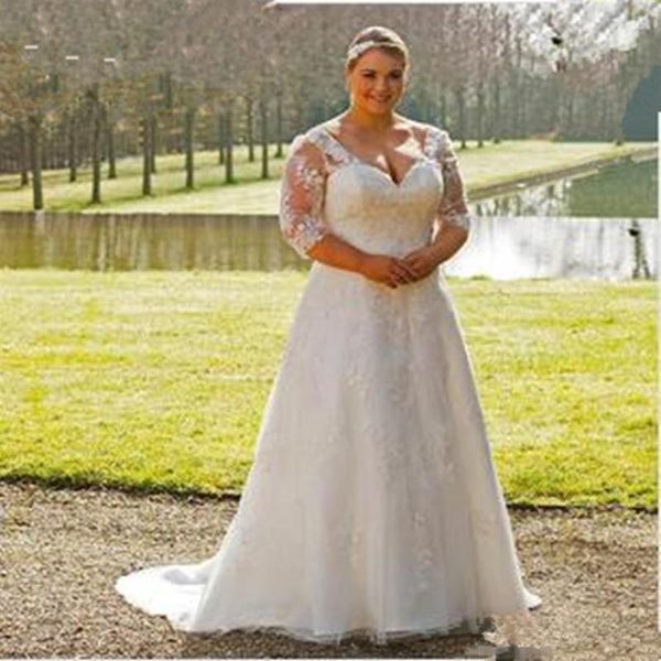 Plus la taille robe de mariée dos ouvert jardin nouveau transparent 3 4 manches dentelle une ligne balayage train appliques robes de mariée sur mesure215p