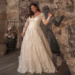 Robes De mariée grande taille ligne A, en dentelle élégante, manches longues, col en V, en Tulle, 2023