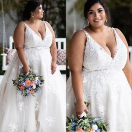 Vestidos de novia de tamaño grande Apliques de encaje de vestido de novia Correas de cuello profundo V Carrido sin mangas Train Made Pasted Tul Beach V de Novia 403 Estidos