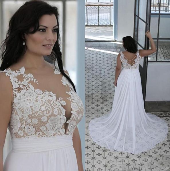 Robes de mariée de taille plus grosses femmes chérie transparente bateau couche plage en dentelle de gueule de mariée