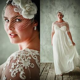 Robes de mariée grande taille avec demi-manches pure bijou cou une ligne dentelle appliques robes de mariée en mousseline de soie taille empire robe de mariée