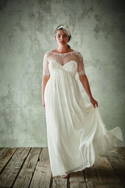 Robes de mariée grande taille avec demi-manches pure bijou cou une ligne dentelle appliques robes de mariée en mousseline de soie taille empire robe de mariée2047
