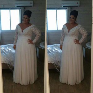 Robes de mariée grande taille avec manches longues en dentelle col en V profond en mousseline de soie longues robes de mariée robe de novia robe de mariée plage Summer296p