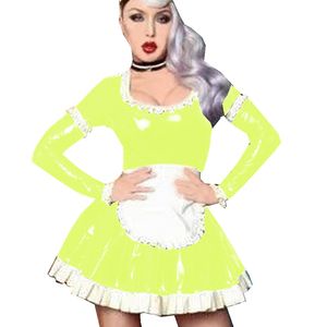 Plus Size Wet Look Lange Mouw Maid Jurk Dames Vintage Servant Cosplay A-Lijn PVC Mini Jurk Fancy Cosplay Kostuum met schort