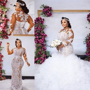 Vestidos de novia de sirena de encaje blanco de talla grande con mangas largas desmontables Vestidos de novia africanos con cuentas Tren de barrido Robe De Mariee