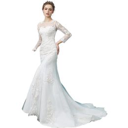 Vestidos de novia de sirena de tul de manga larga blancos de talla grande, tren de barrido, apliques de encaje con cuello joya, vestidos de boda delgados