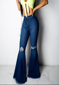 Plus size brede poot jeans High Tailed Big Bell Bottom Jeans For Women Vintage Knie Hole gescheurd Long Flare Denim Pants Lady1458882