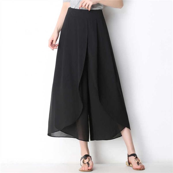 Plus Size Wide Leg Pants Femmes Taille Haute Pantalon Noir En Mousseline De Soie Culottes D'été Casual Lâche Solide Mince Pantalon OL Dames Pantalon Q0801