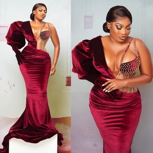 Plus size wijnrode prom jurk aso ebi zeemeermin een schouder kanten kanten dop mouwen v-hals lovertjes kralen dame avondjurken formele jurk vestidos gewaden de soiree de soiree