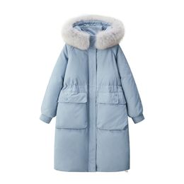 Abrigos de invierno de talla grande para mujer, chaquetas de plumón, Parkas con capucha, 3XL, 4XL, 5XL, cuello de piel de zorro, prendas de vestir exteriores cálidas, negro y azul