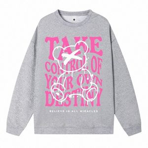 Sweat-shirt femme taille plus Prenez le contrôle de votre propre destin Lettre rose Carto Bear Design Imprimer Sweat à capuche Lâche Pull Chaud Tops w4sE #