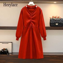 Grande taille femmes automne hiver à manches longues sexy évider tricoté mini robes femmes coréennes élégantes taille haute robes a-ligne Y1006