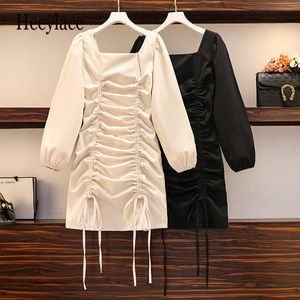 Plus size dames herfst winter vintage jurk soild vierkant colar lange mouw elegante Koreaanse hoge taille bodycon bandage jurken y1006