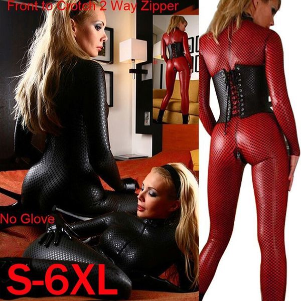 PLUS TAILLE Femmes Noir Rouge Sexy Faux Cuir Latex Club Wear Costumes Vêtements Lingerie Adulte Catsuits Cat Suit Zipper à Entrejambe LY191222