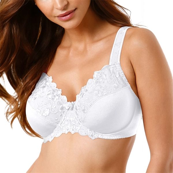 Talla grande Sujetador para mujer Cobertura completa Minimizador Encaje Floral Bordado Sujetadores blancos Sin relleno Con aros B C D DD E F G H I Copa 220519