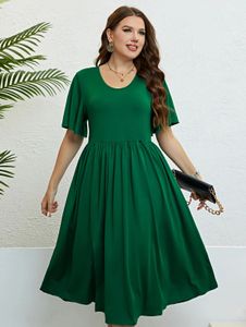 Plus taille femme robes midi décontractées couleur rond cou rond été élégant vert féminin à manches courtes robe robe vêtements 240527