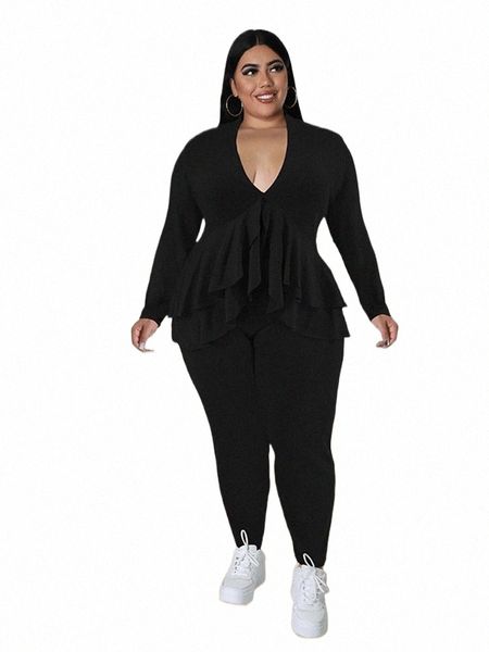 Plus Size Femmes Vêtements Chic et élégant Pantalon Costume Ensemble Deux Pièces Ensembles Manteau À Volants Blazer Ensembles En Gros En Vrac Dropship l8LP #