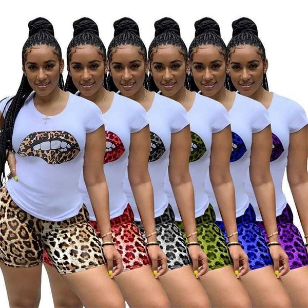 Plus Size Women Designer Summer Leopard Lip Imprimé Deux Pièces Ensemble Survêtement À Manches Courtes T-shirt + Short Jogging Suit 2022 Nouvelle Vente Chaude