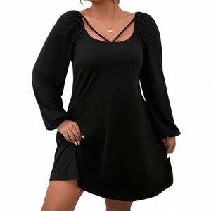 Plus Size Vrouwen Dres 2023 Nieuwe Fi Taille A-lijn Dr Casual Effen Kleur Bubble Mouw Vierkante Hals Temperament Dres Y21d #