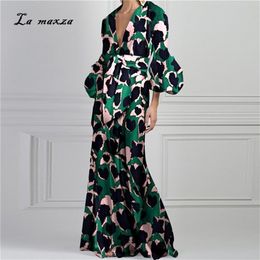 Plus size dames kleding vintage elegante feestjurken casual lange mouw print maxi jurk lj200818