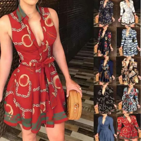 Tallas grandes Vestidos de mujer Camisa de vendaje Primavera Verano con cordones Botón hacia abajo Cadena Impreso Solapa Cuello Vestido de diseñador de fiesta Vestido sexy de moda 4 43