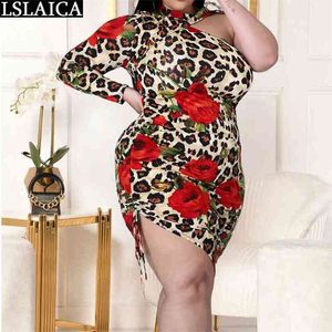 Plus Size Dames Jurken Leopard Print One-Shoulder Sexy Jurk Holle Drawstring Fashion Aankomst Afrika voor 210515